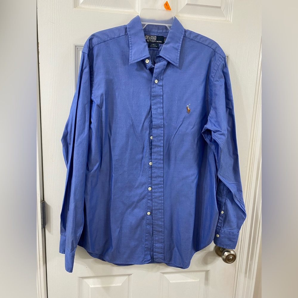 Ralph Lauren, large long sleeve, button down shirt.  Blue.